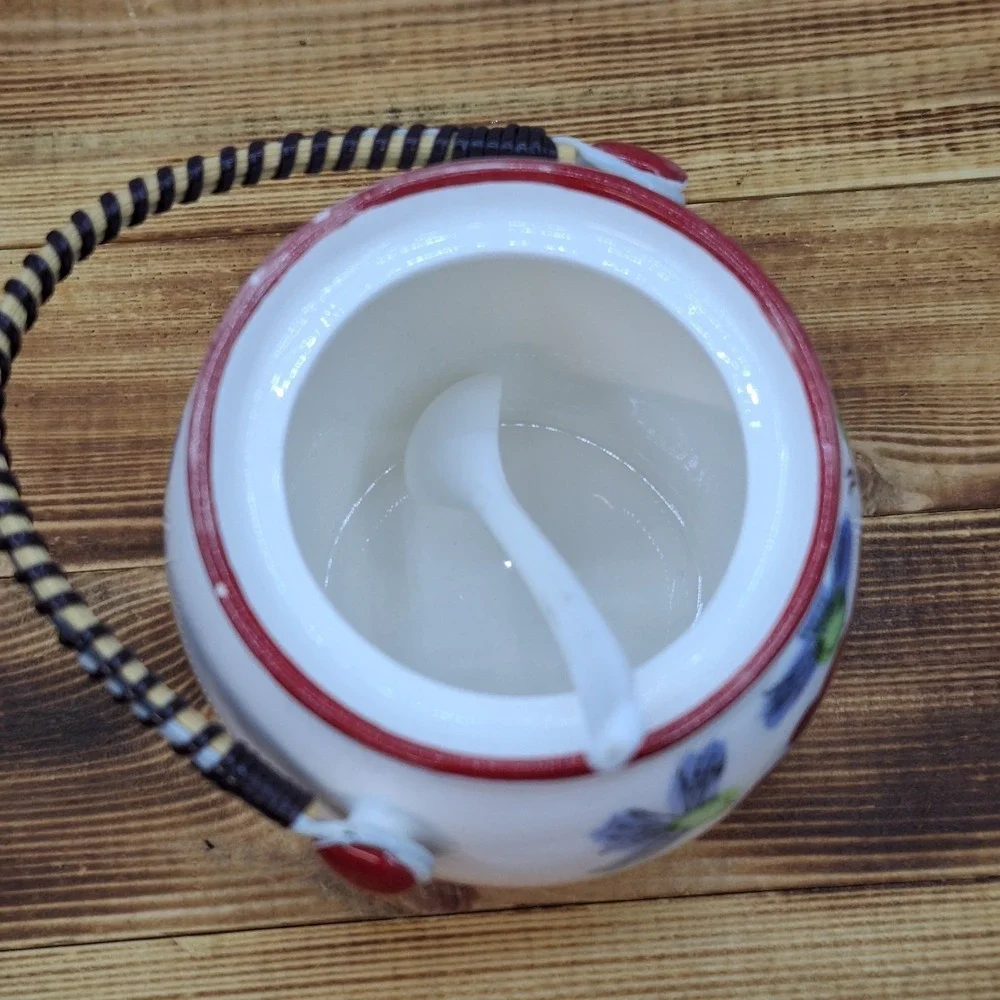 Vintage Floral‎ White sugar jelly or candy jar with wicker handle 3x4